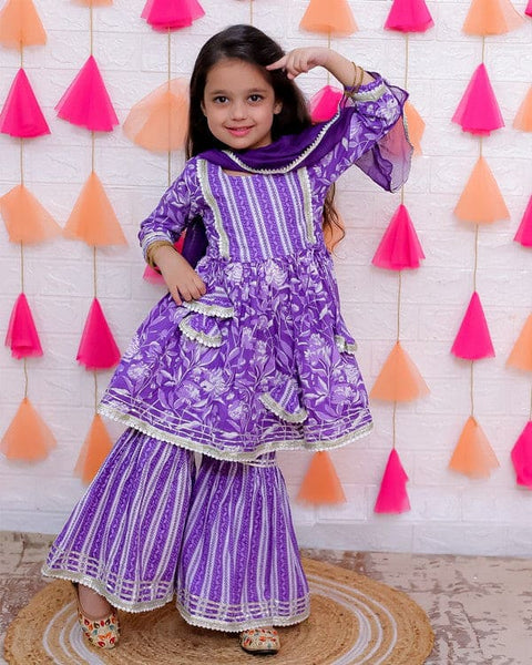 Aatya Kiids Purple Lace Embellished Flower print Sharara Set with Dupatta.
