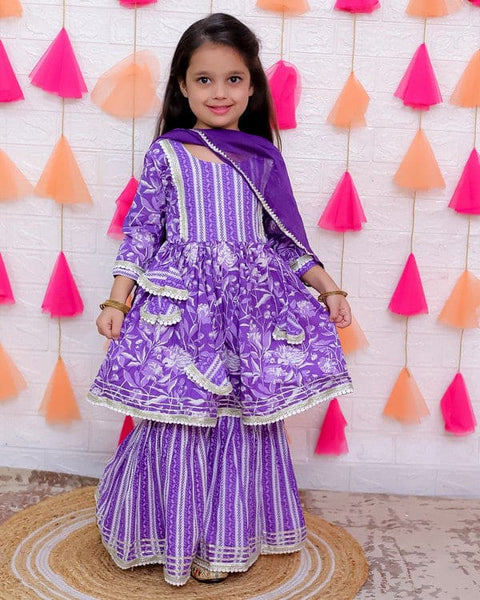 Aatya Kiids Purple Lace Embellished Flower print Sharara Set with Dupatta.