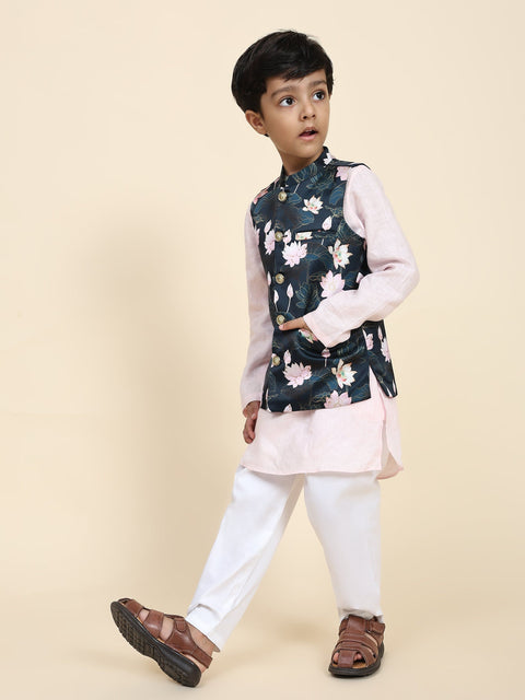 Pre-Order: Lotus Print Satin Koti with Pink Kurta White Pajama Set
