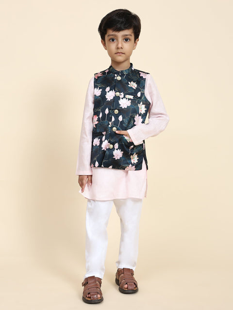 Pre-Order: Lotus Print Satin Koti with Pink Kurta White Pajama Set