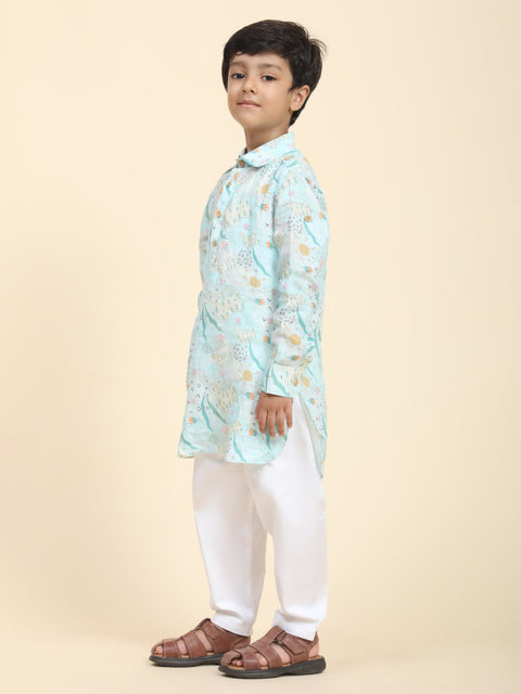 Pre-Order: Waterlife Print Pure Linen Kurta  and Premium Cotton Pajama Set