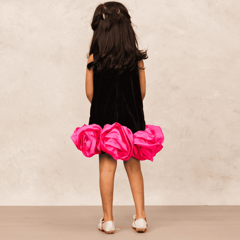 Pre-Order: Boho Black Velvet Dress with Pink Flowers