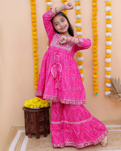 Aatya Kiids Cotton Three Fourth Sleeves Zari embroidery Kurti with Sharara - Pink.
