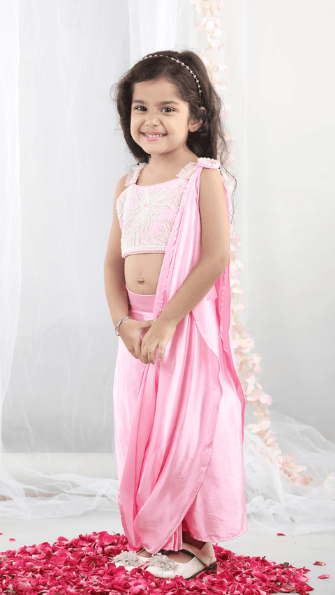 Pre-Order:Pearl embroidered   top with Dupatta and stitched Dhoti