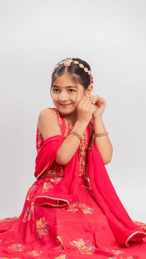 Pre-Order: RED BIG FLORAL PRINTED LEHENGA SET