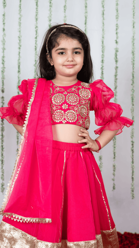 Pre-Order: Pink Gota Embroidered Blouse with Double Layered Ghaghra