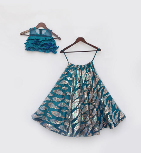 Pre Order: Teal Blue Embroidered Lehenga Choli