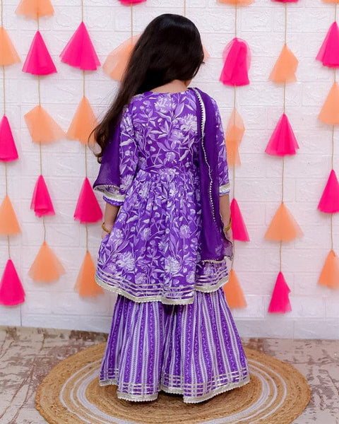 Aatya Kiids Purple Lace Embellished Flower print Sharara Set with Dupatta.