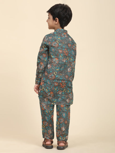 Pre-Order: Dark flowers Print Pure Linen Kurta  and Pajama Set