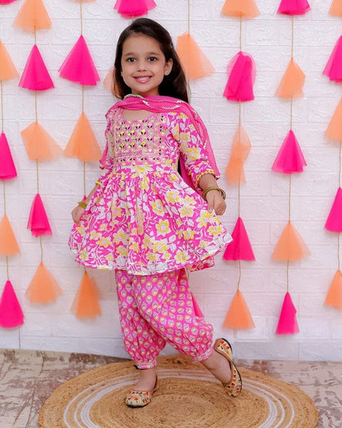 Aatya Kiids Pink Floral Printed Kurta with Afgani Salwar and Dupatta.