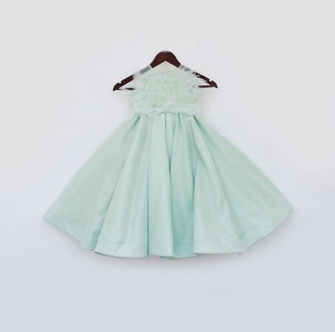 Pre Order: Pista Green Gown with Fur on Yoke