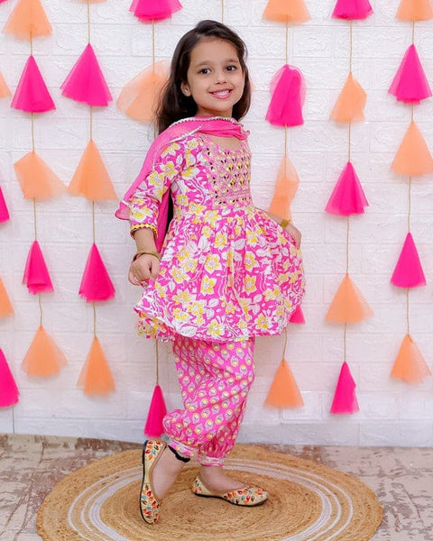 Aatya Kiids Pink Floral Printed Kurta with Afgani Salwar and Dupatta.