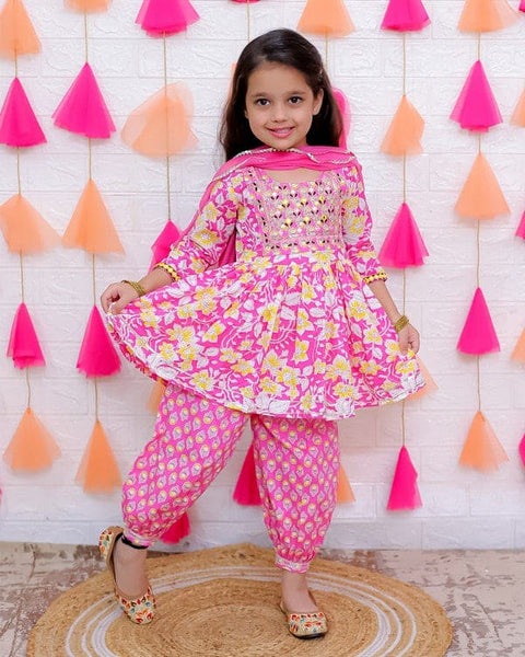 Aatya Kiids Pink Floral Printed Kurta with Afgani Salwar and Dupatta.
