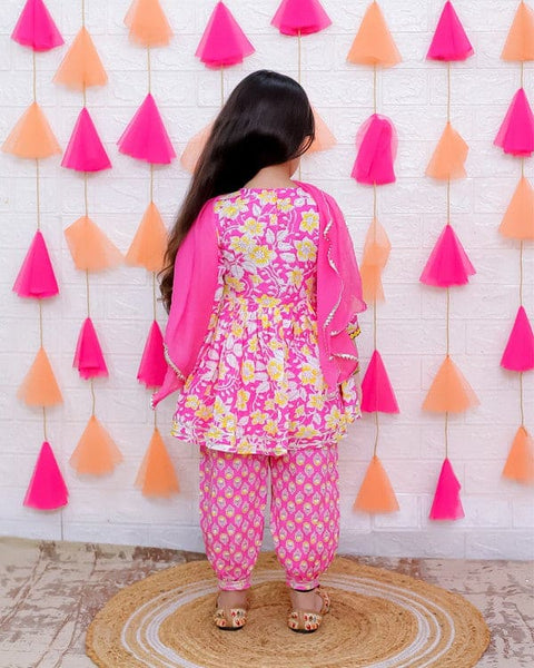 Aatya Kiids Pink Floral Printed Kurta with Afgani Salwar and Dupatta.