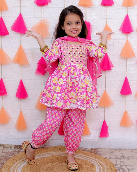 Aatya Kiids Pink Floral Printed Kurta with Afgani Salwar and Dupatta.