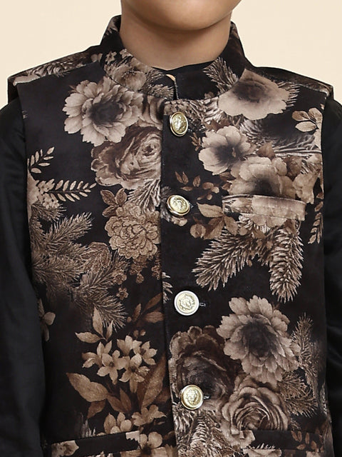 Pre-Order: Golden Flower Velvet Koti with Black Kurta Pajama Set