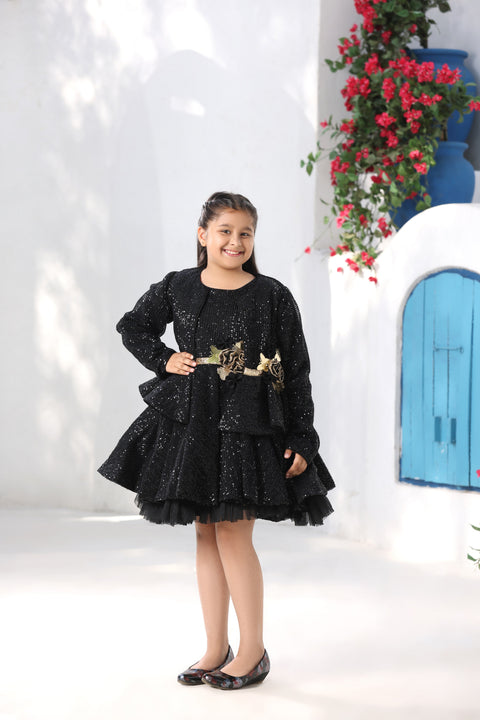 Pre Order: Black Sequence Dress with Jacket and Flowers and Butterfly