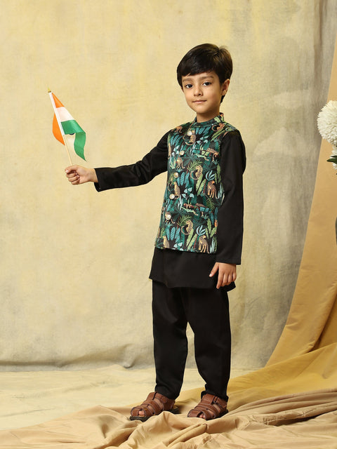 Pre-Order: Black Leopard Satin  Koti with Black Kurta Pajama Set
