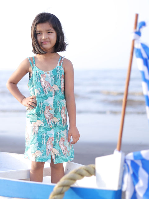 Pre-Order: Green Forest and Leopard Print Pure Linen Dress