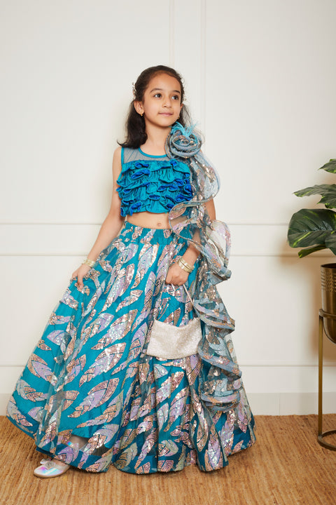 Pre Order: Teal Blue Embroidered Lehenga Choli