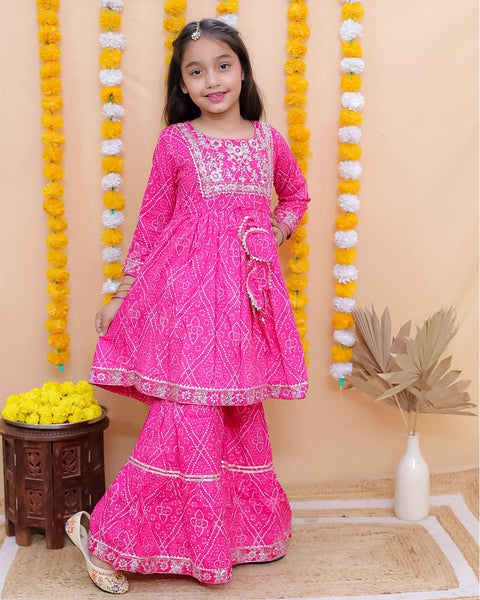 Aatya Kiids Cotton Three Fourth Sleeves Zari embroidery Kurti with Sharara - Pink.