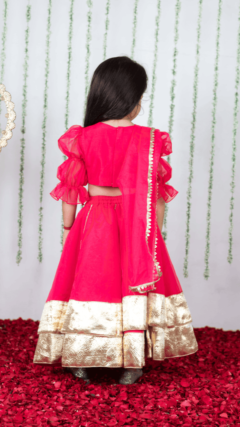 Pre-Order: Pink Gota Embroidered Blouse with Double Layered Ghaghra