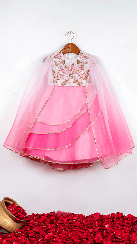 Pre-Order: Pink Ombre Shaded Embroidered Flower Ghaghra
