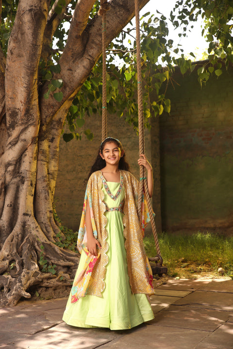 Pre Order: Green Anarkali Pant with Printed Cape