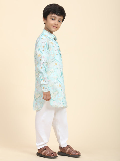 Pre-Order: Waterlife Print Pure Linen Kurta  and Premium Cotton Pajama Set