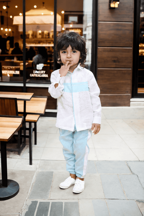 Pre-Order: Striped Pure Linen  Premium Co-ords -  White - Sky Blue