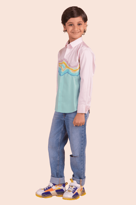 Pre-Order: Shirt with Wave Embroidery and Coloured Panelling