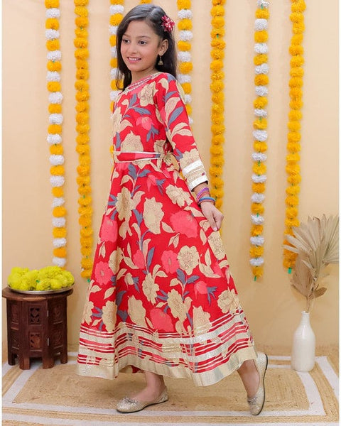 Red Floral Printed Festive Gown with Belt