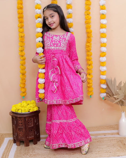 Aatya Kiids Cotton Three Fourth Sleeves Zari embroidery Kurti with Sharara - Pink.