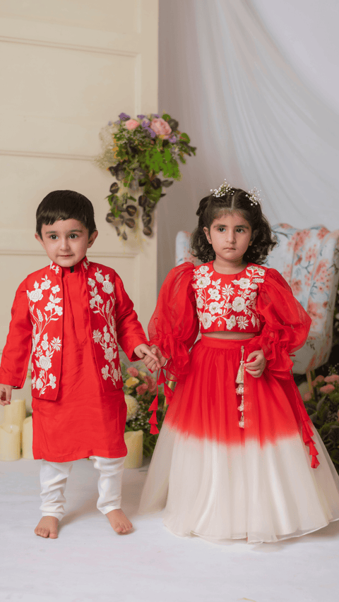 Pre-Order: Red And White Embroidered Blouse With Ghaghra And Dupatta