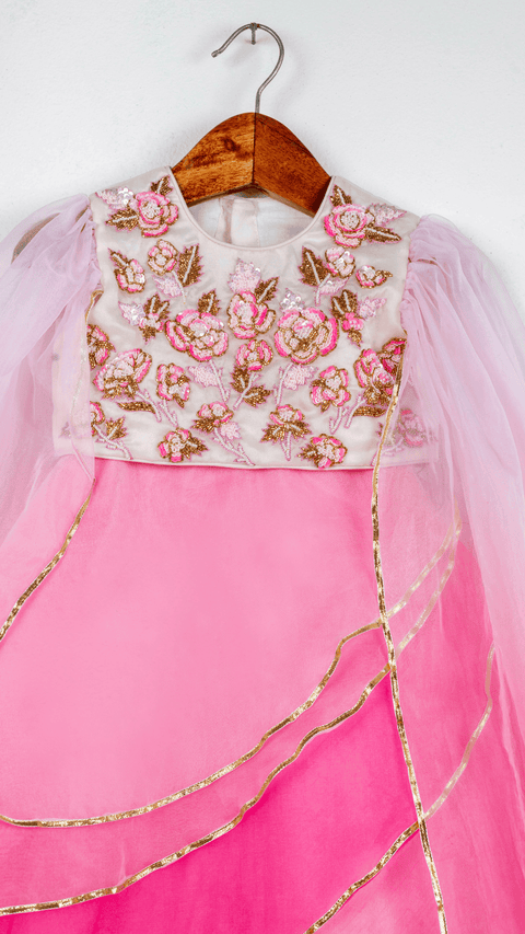 Pre-Order: Pink Ombre Shaded Embroidered Flower Ghaghra