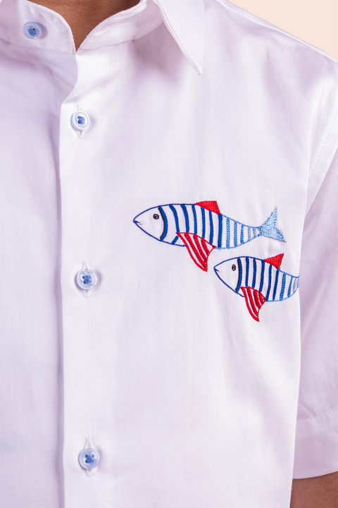 Pre-Order: White Shirt with Fish Embroidery