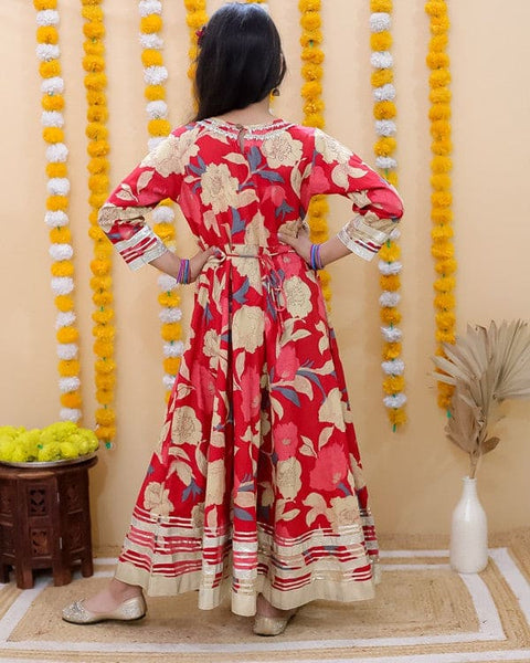 Red Floral Printed Festive Gown with Belt