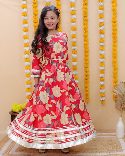 Red Floral Printed Festive Gown with Belt