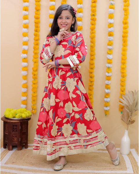 Red Floral Printed Festive Gown with Belt