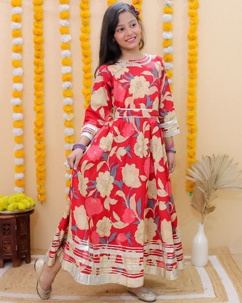 Red Floral Printed Festive Gown with Belt