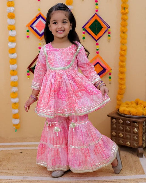 Aatya Kiids Cotton Three Fourth Sleeves Kurta with Sharara- Pink.