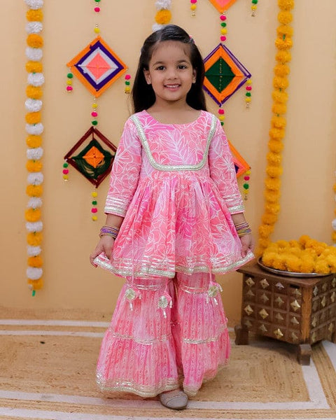 Aatya Kiids Cotton Three Fourth Sleeves Kurta with Sharara- Pink.