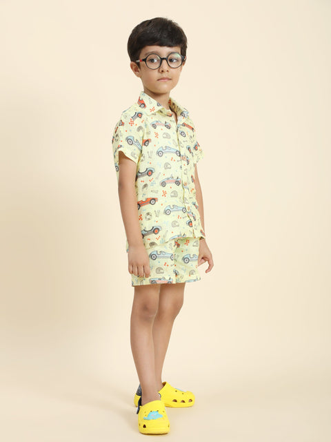 Pre-Order: Yellow Car Printed Pure Linen  Premium Co-ords