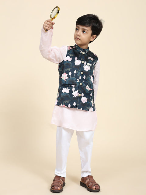 Pre-Order: Lotus Print Satin Koti with Pink Kurta White Pajama Set