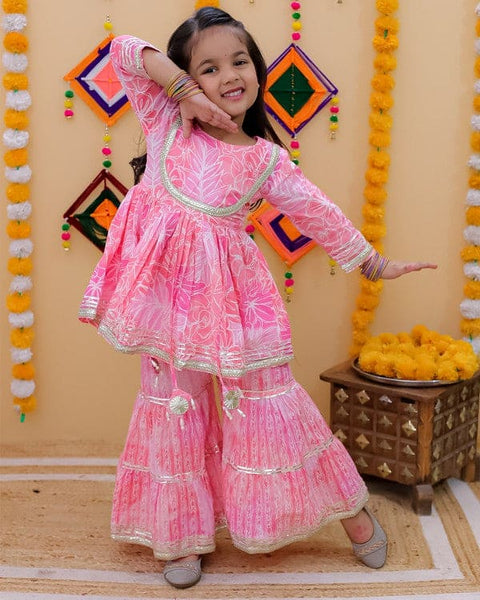 Aatya Kiids Cotton Three Fourth Sleeves Kurta with Sharara- Pink.