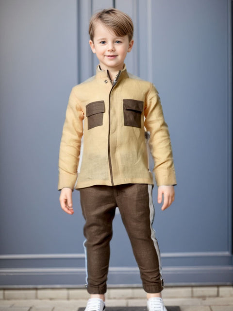 Pre-Order: Pocketed Styled Pure Linen  Premium Co-ords - Peach- Brown