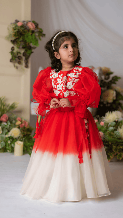 Pre-Order: Red And White Embroidered Blouse With Ghaghra And Dupatta