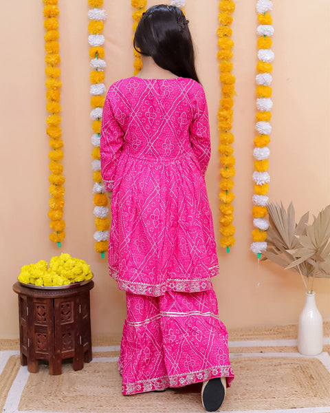 Aatya Kiids Cotton Three Fourth Sleeves Zari embroidery Kurti with Sharara - Pink.