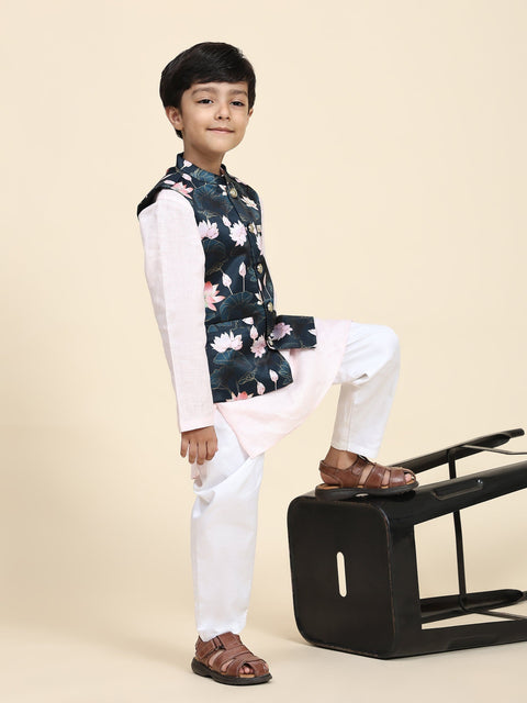 Pre-Order: Lotus Print Satin Koti with Pink Kurta White Pajama Set