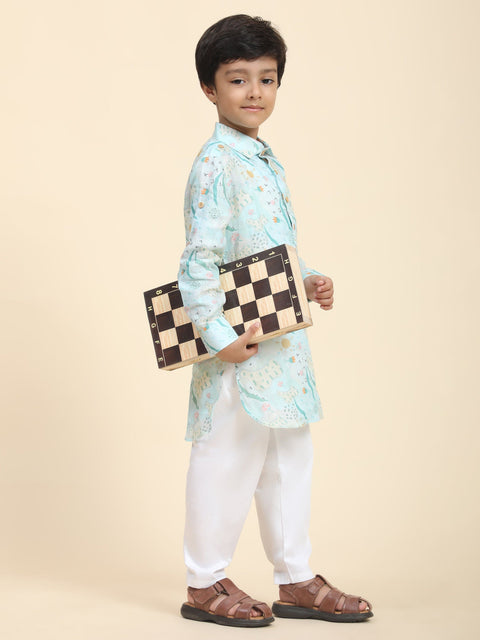 Pre-Order: Waterlife Print Pure Linen Kurta  and Premium Cotton Pajama Set